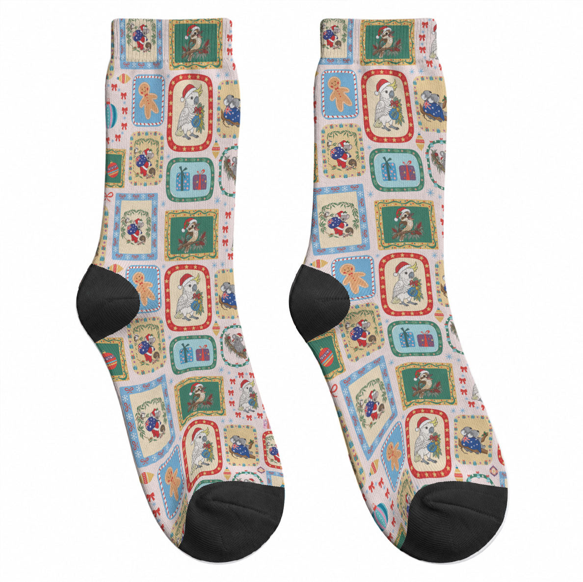 Australia Wildlife Christmas Stamp Crew Socks Pink Aussie Native Animal Seamless Pattern