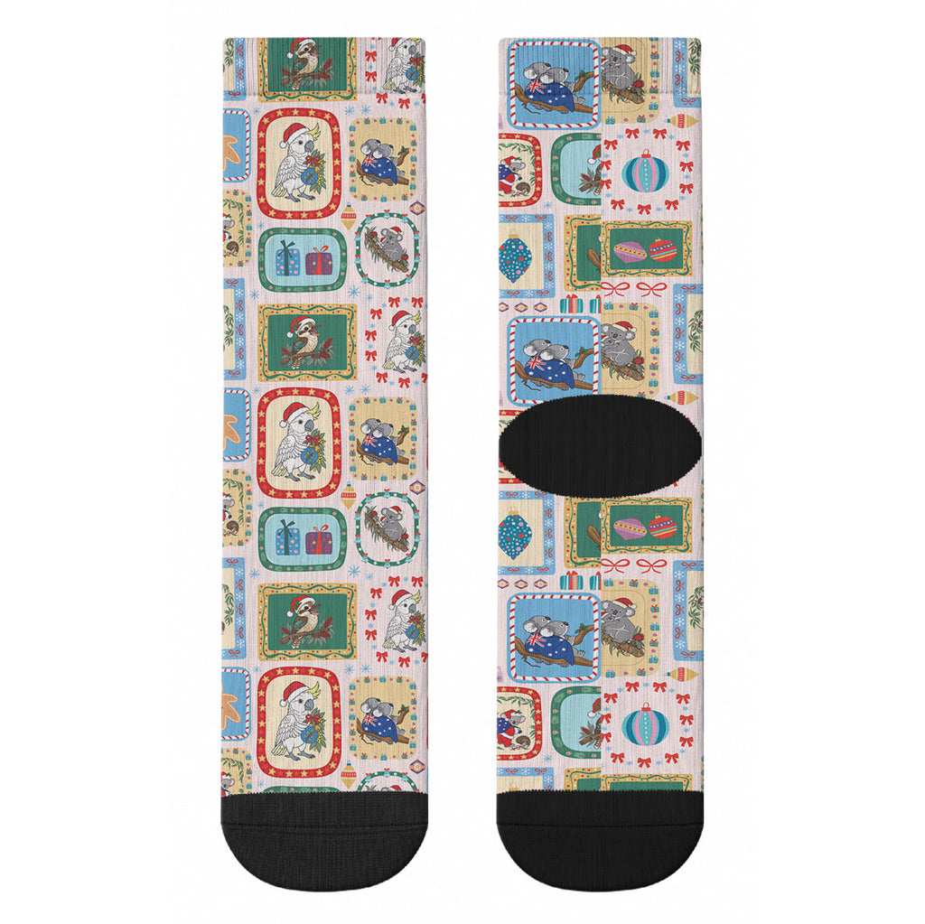 Australia Wildlife Christmas Stamp Crew Socks Pink Aussie Native Animal Seamless Pattern