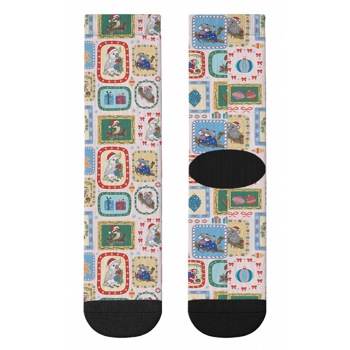 Australia Wildlife Christmas Stamp Crew Socks Pink Aussie Native Animal Seamless Pattern
