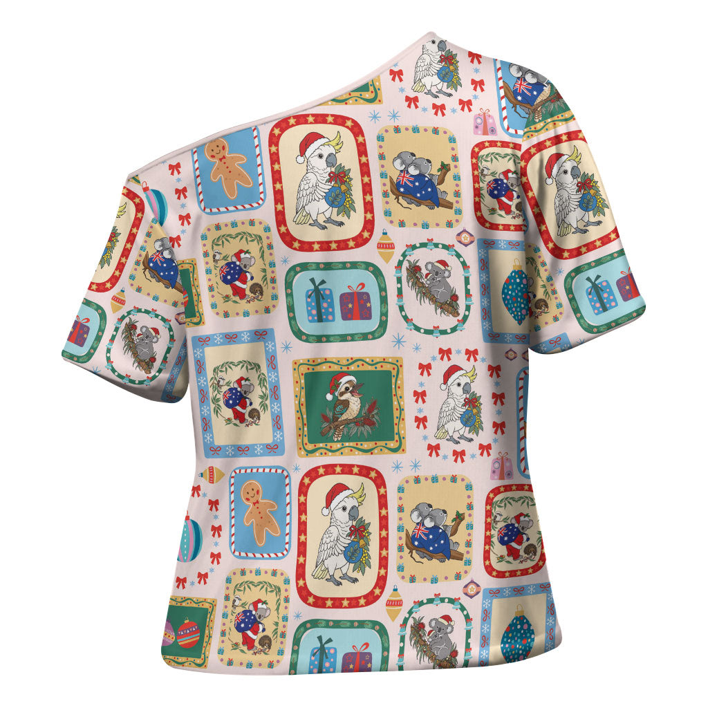 Australia Wildlife Christmas Stamp Cross Shoulder Shirt Pink Aussie Native Animal Seamless Pattern