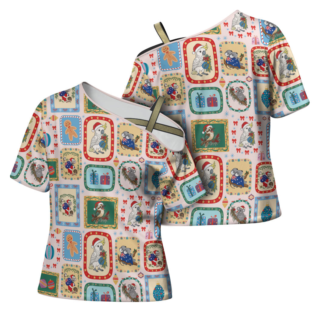 Australia Wildlife Christmas Stamp Cross Shoulder Shirt Pink Aussie Native Animal Seamless Pattern