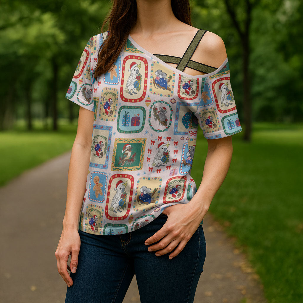 Australia Wildlife Christmas Stamp Cross Shoulder Shirt Pink Aussie Native Animal Seamless Pattern