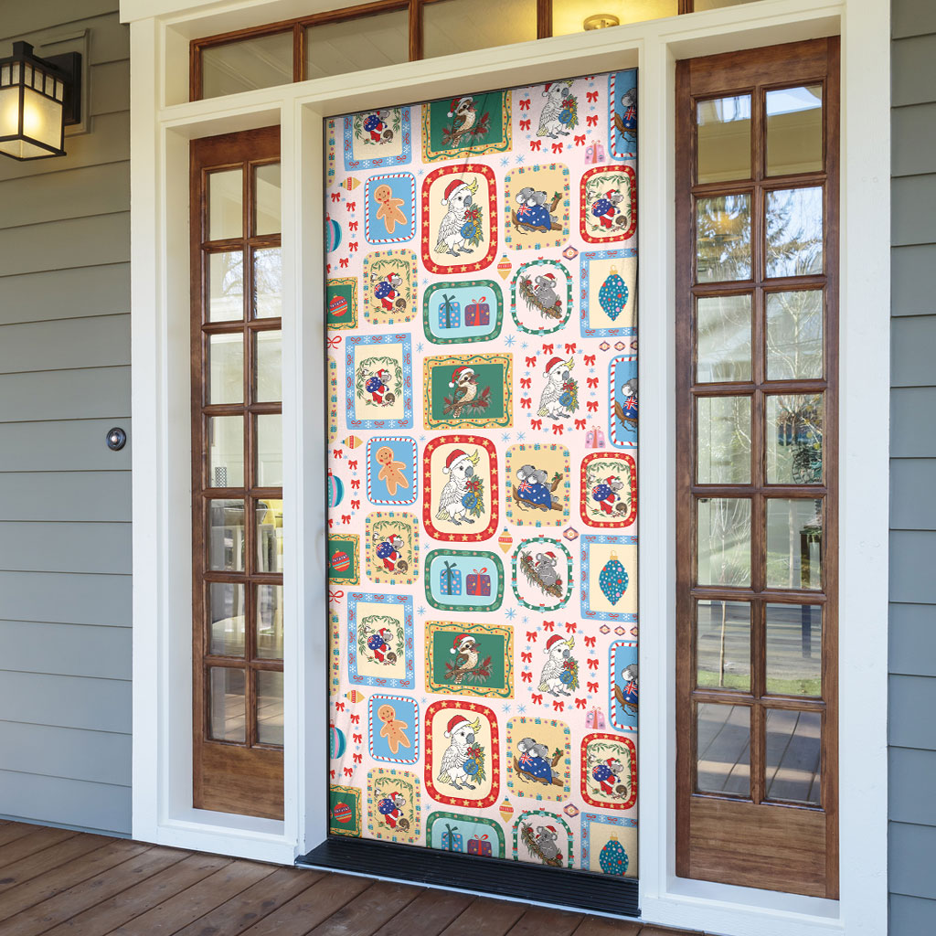 Australia Wildlife Christmas Stamp Door Cover Pink Aussie Native Animal Seamless Pattern