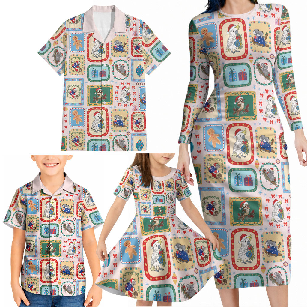Australia Wildlife Christmas Stamp Family Matching Long Sleeve Bodycon Dress and Hawaiian Shirt Pink Aussie Native Animal Seamless Pattern