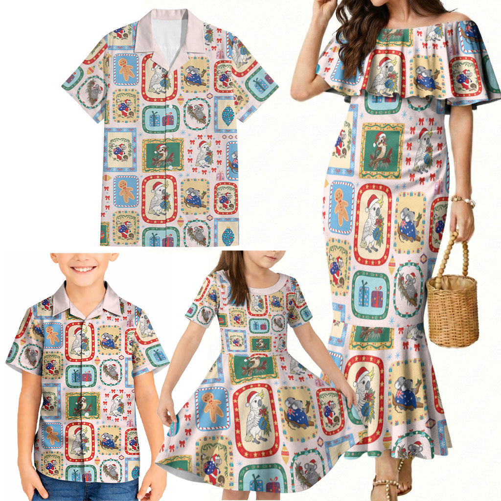 Australia Wildlife Christmas Stamp Family Matching Mermaid Dress and Hawaiian Shirt Pink Aussie Native Animal Seamless Pattern