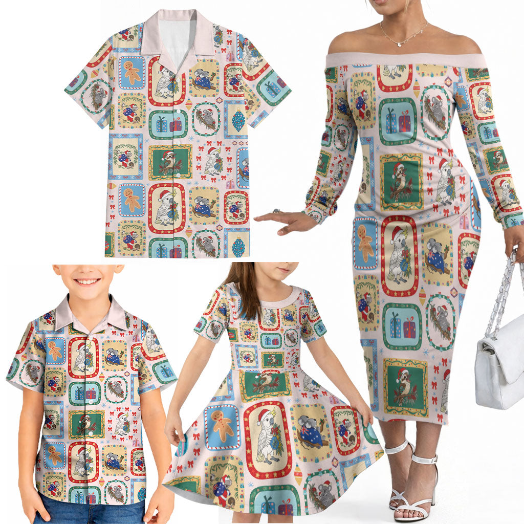 Australia Wildlife Christmas Stamp Family Matching Off The Shoulder Long Sleeve Dress and Hawaiian Shirt Pink Aussie Native Animal Seamless Pattern