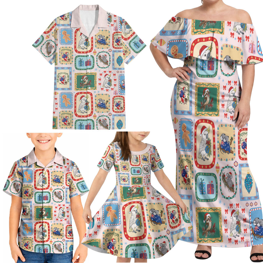 Australia Wildlife Christmas Stamp Family Matching Off Shoulder Maxi Dress and Hawaiian Shirt Pink Aussie Native Animal Seamless Pattern
