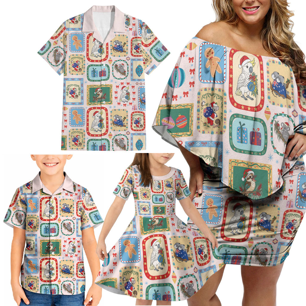 Australia Wildlife Christmas Stamp Family Matching Off Shoulder Short Dress and Hawaiian Shirt Pink Aussie Native Animal Seamless Pattern