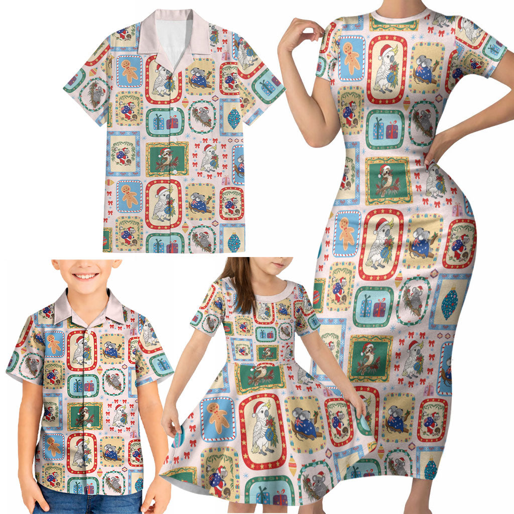 Australia Wildlife Christmas Stamp Family Matching Short Sleeve Bodycon Dress and Hawaiian Shirt Pink Aussie Native Animal Seamless Pattern