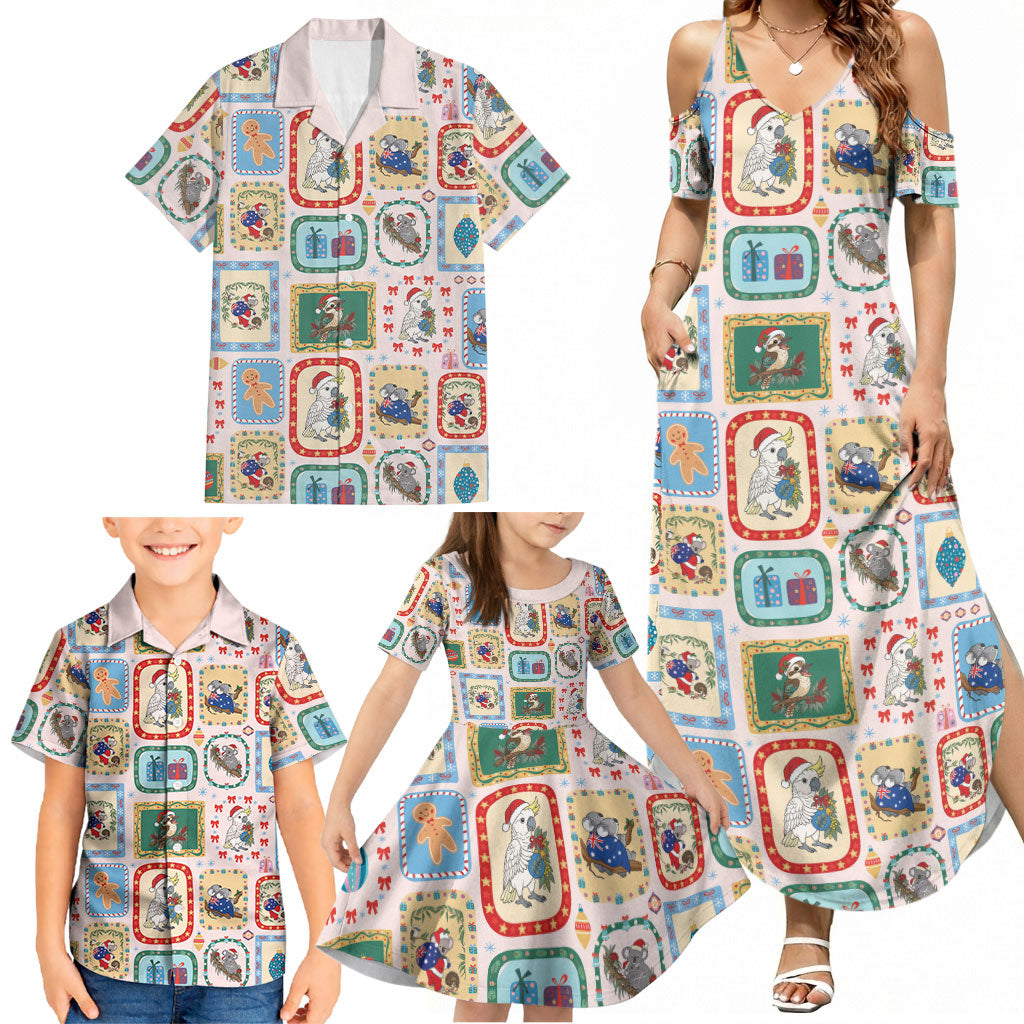 Australia Wildlife Christmas Stamp Family Matching Summer Maxi Dress and Hawaiian Shirt Pink Aussie Native Animal Seamless Pattern
