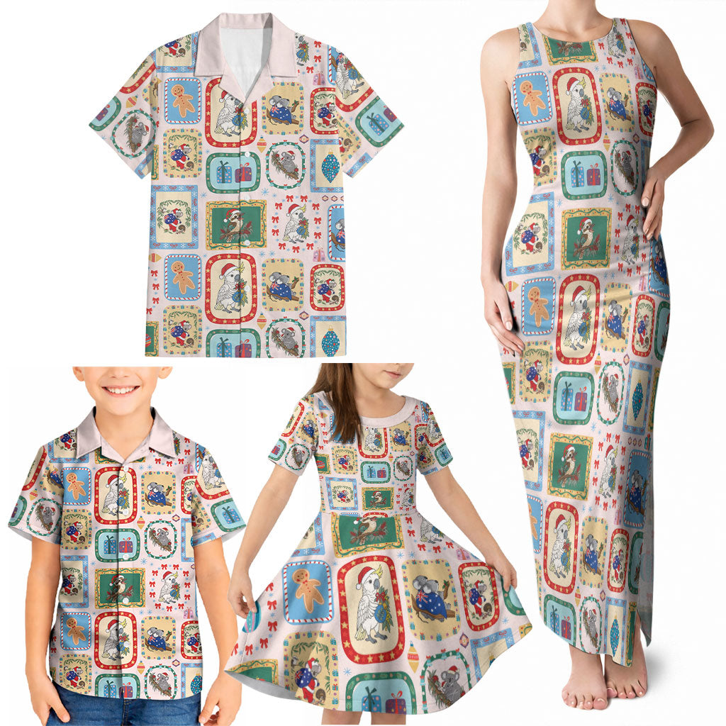 Australia Wildlife Christmas Stamp Family Matching Tank Maxi Dress and Hawaiian Shirt Pink Aussie Native Animal Seamless Pattern