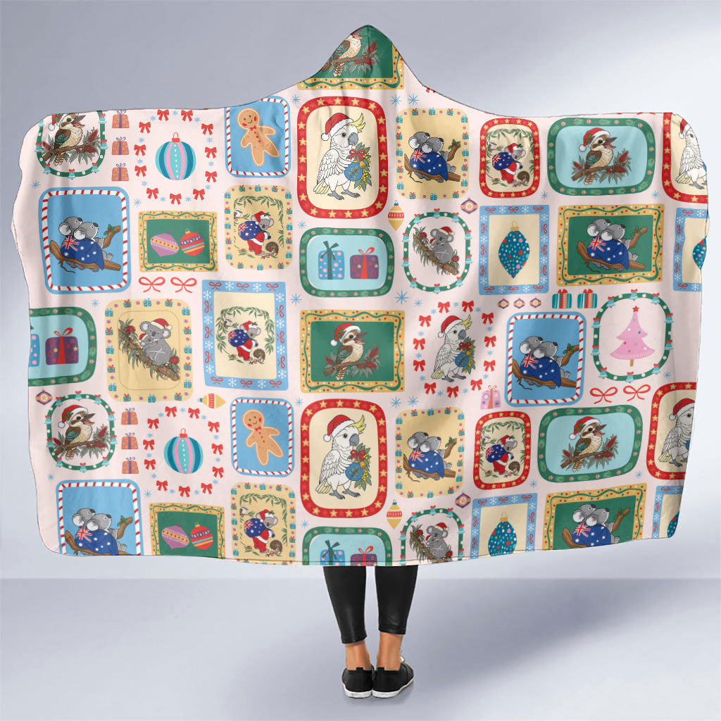 Australia Wildlife Christmas Stamp Hooded Blanket Pink Aussie Native Animal Seamless Pattern