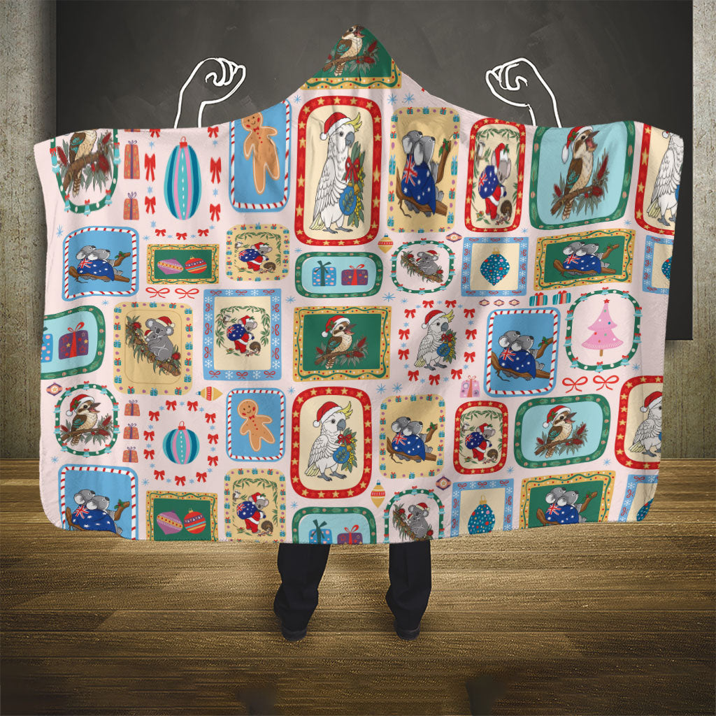 Australia Wildlife Christmas Stamp Hooded Blanket Pink Aussie Native Animal Seamless Pattern