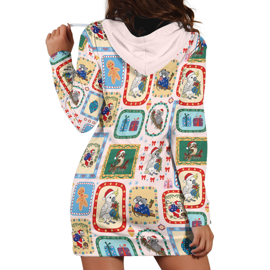 Australia Wildlife Christmas Stamp Hoodie Dress Pink Aussie Native Animal Seamless Pattern