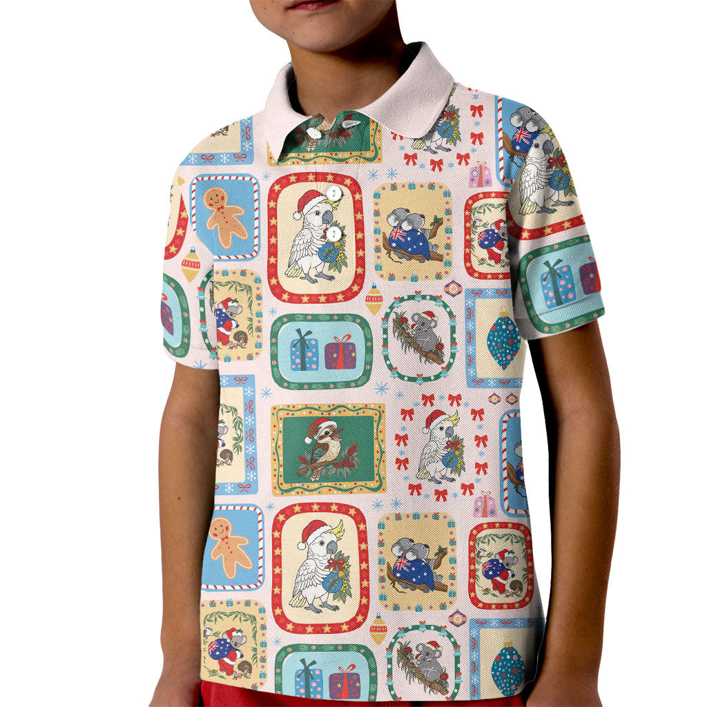 Australia Wildlife Christmas Stamp Kid Polo Shirt Pink Aussie Native Animal Seamless Pattern
