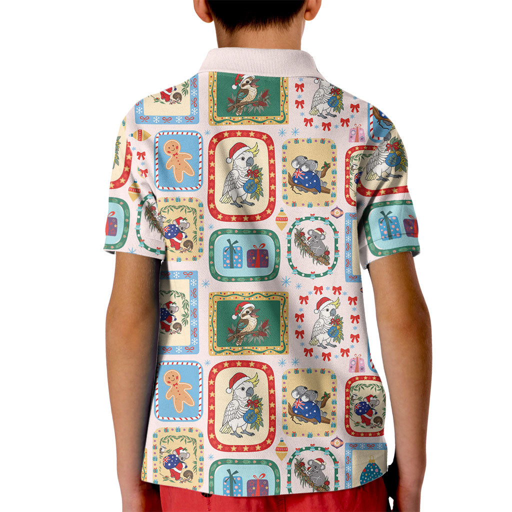 Australia Wildlife Christmas Stamp Kid Polo Shirt Pink Aussie Native Animal Seamless Pattern