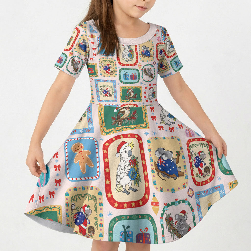 Australia Wildlife Christmas Stamp Kid Short Sleeve Dress Pink Aussie Native Animal Seamless Pattern