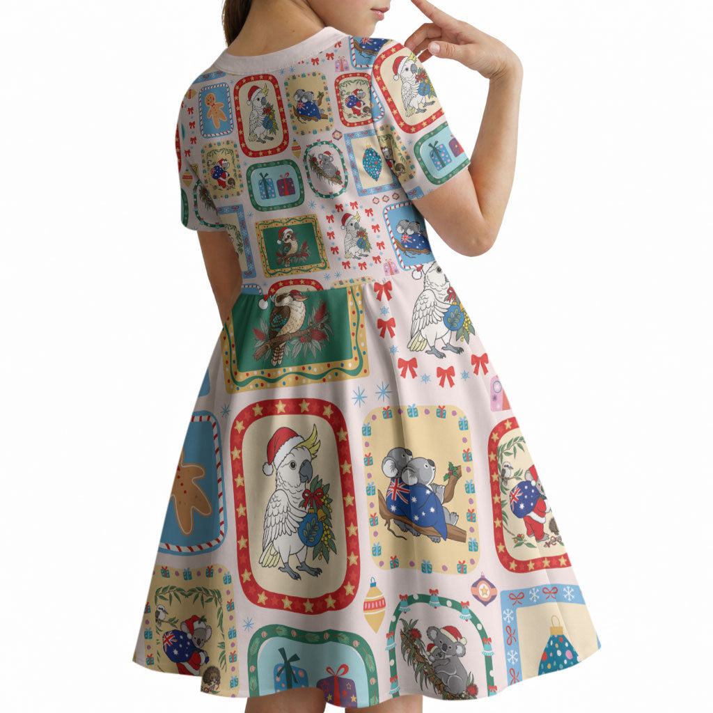 Australia Wildlife Christmas Stamp Kid Short Sleeve Dress Pink Aussie Native Animal Seamless Pattern