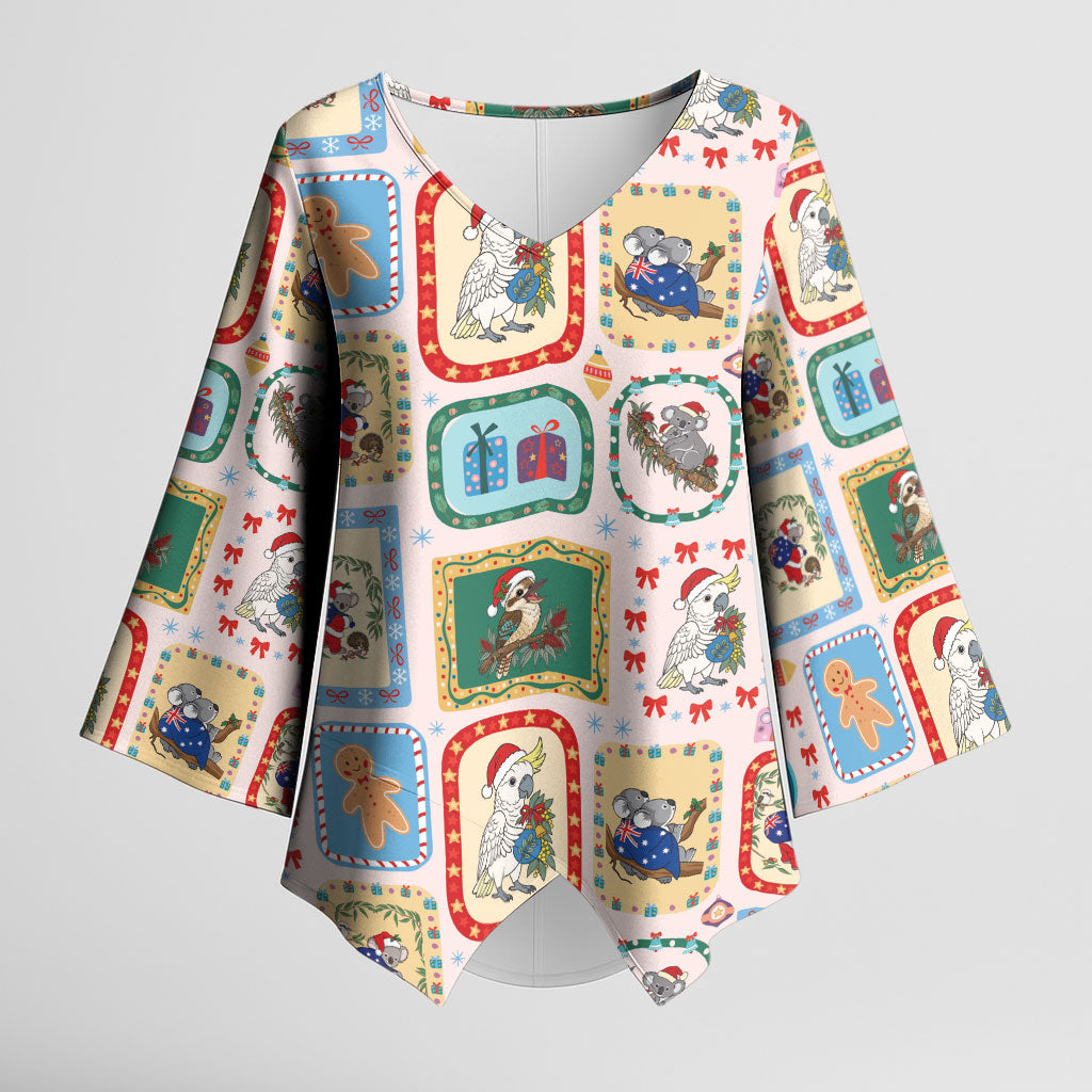 Australia Wildlife Christmas Stamp Kimono Sleeve Blouse Pink Aussie Native Animal Seamless Pattern