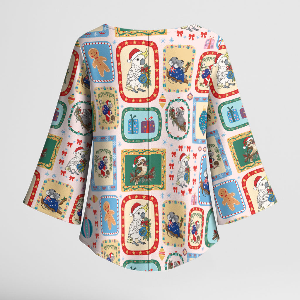 Australia Wildlife Christmas Stamp Kimono Sleeve Blouse Pink Aussie Native Animal Seamless Pattern