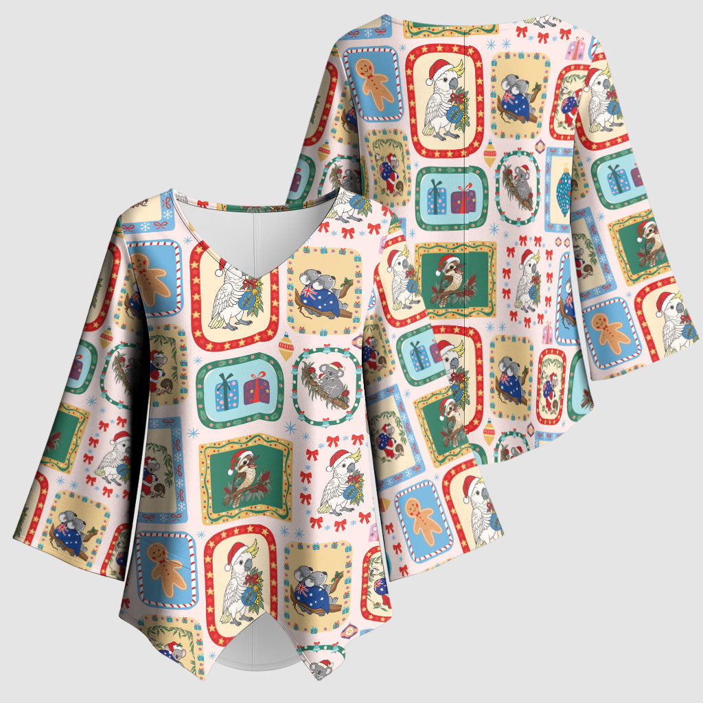Australia Wildlife Christmas Stamp Kimono Sleeve Blouse Pink Aussie Native Animal Seamless Pattern