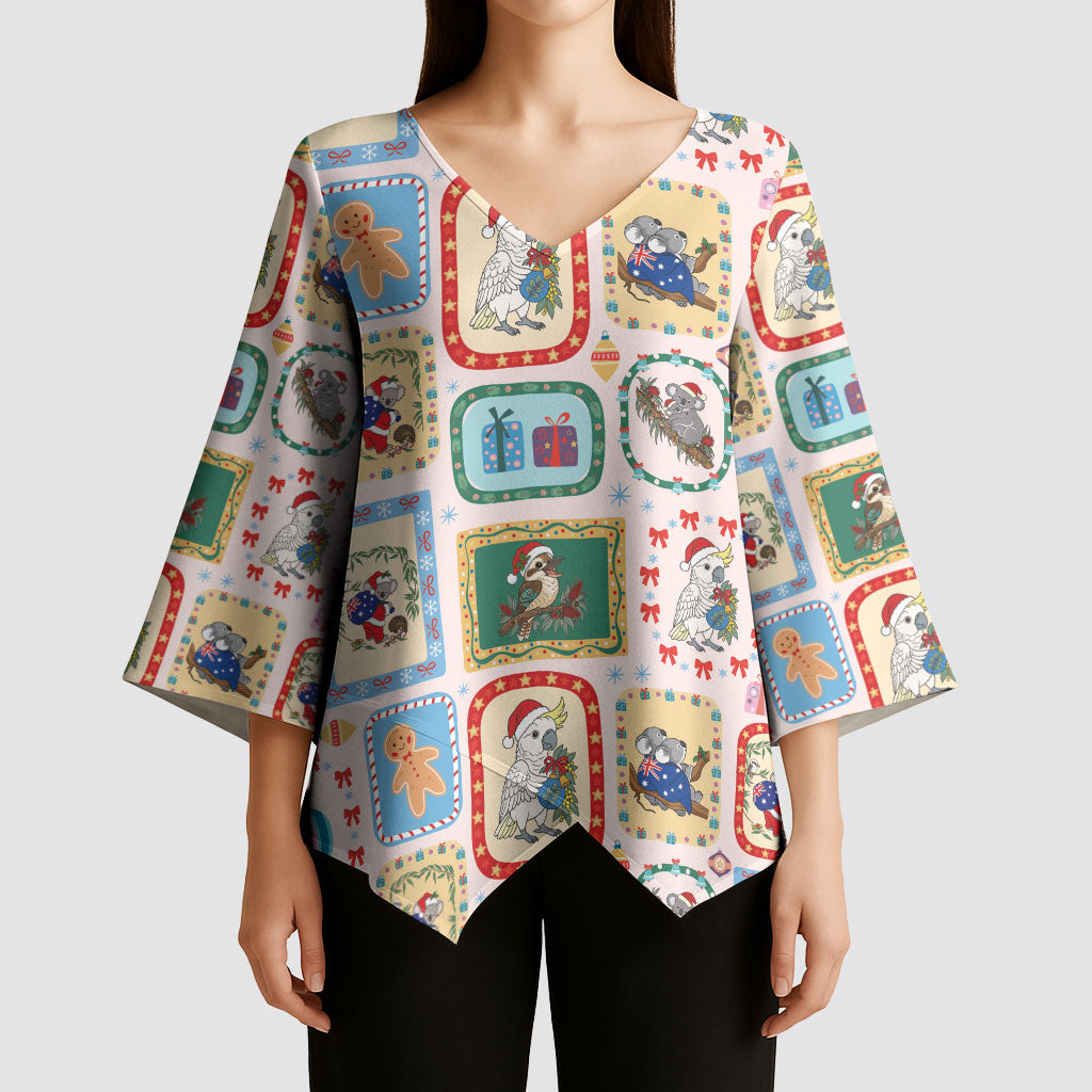 Australia Wildlife Christmas Stamp Kimono Sleeve Blouse Pink Aussie Native Animal Seamless Pattern