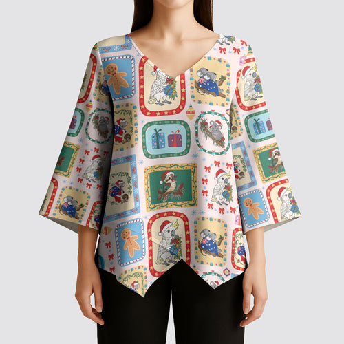 Australia Wildlife Christmas Stamp Kimono Sleeve Blouse Pink Aussie Native Animal Seamless Pattern