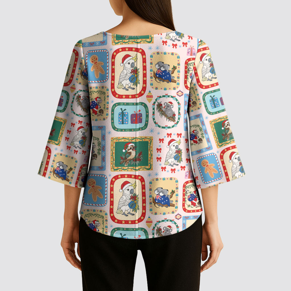 Australia Wildlife Christmas Stamp Kimono Sleeve Blouse Pink Aussie Native Animal Seamless Pattern