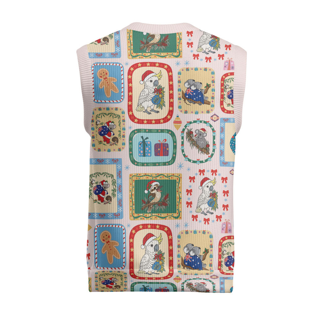 Australia Wildlife Christmas Stamps Christmas Knitted V-Neck Vest Pink Aussie Native Animal Seamless Pattern