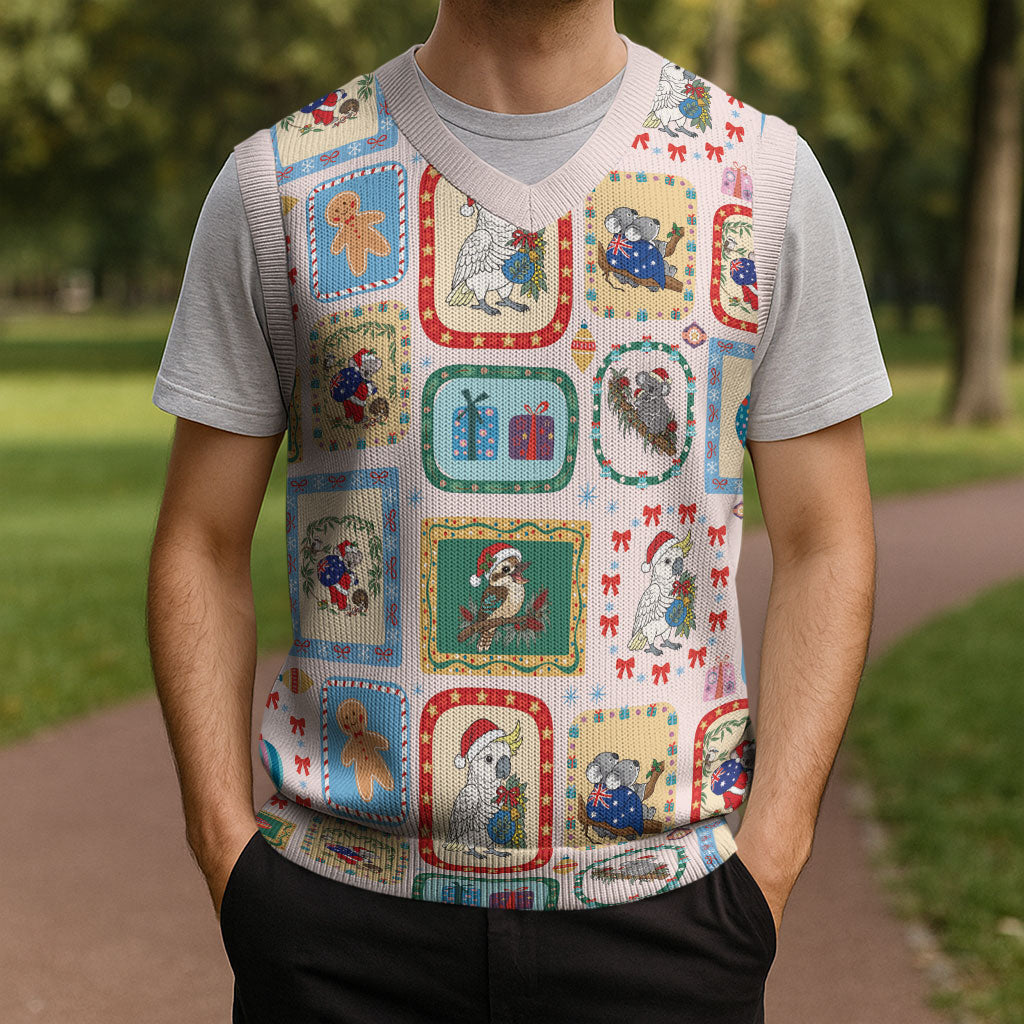 Australia Wildlife Christmas Stamps Christmas Knitted V-Neck Vest Pink Aussie Native Animal Seamless Pattern