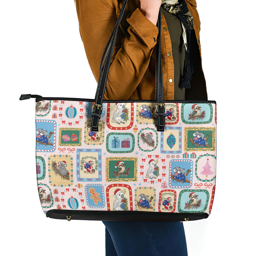 Australia Wildlife Christmas Stamp Leather Tote Bag Pink Aussie Native Animal Seamless Pattern