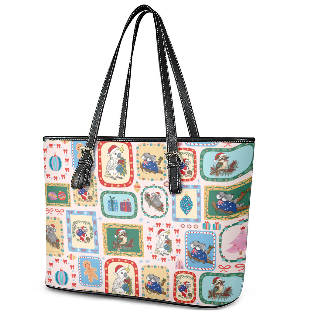 Australia Wildlife Christmas Stamp Leather Tote Bag Pink Aussie Native Animal Seamless Pattern