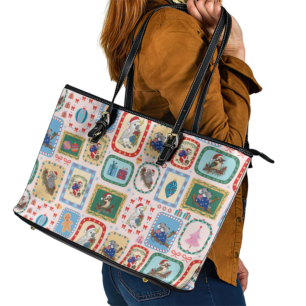 Australia Wildlife Christmas Stamp Leather Tote Bag Pink Aussie Native Animal Seamless Pattern