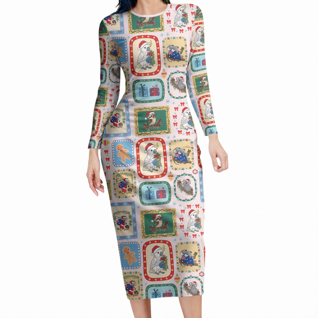 Australia Wildlife Christmas Stamp Long Sleeve Bodycon Dress Pink Aussie Native Animal Seamless Pattern