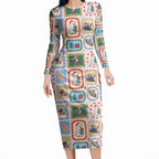 Australia Wildlife Christmas Stamp Long Sleeve Bodycon Dress Pink Aussie Native Animal Seamless Pattern
