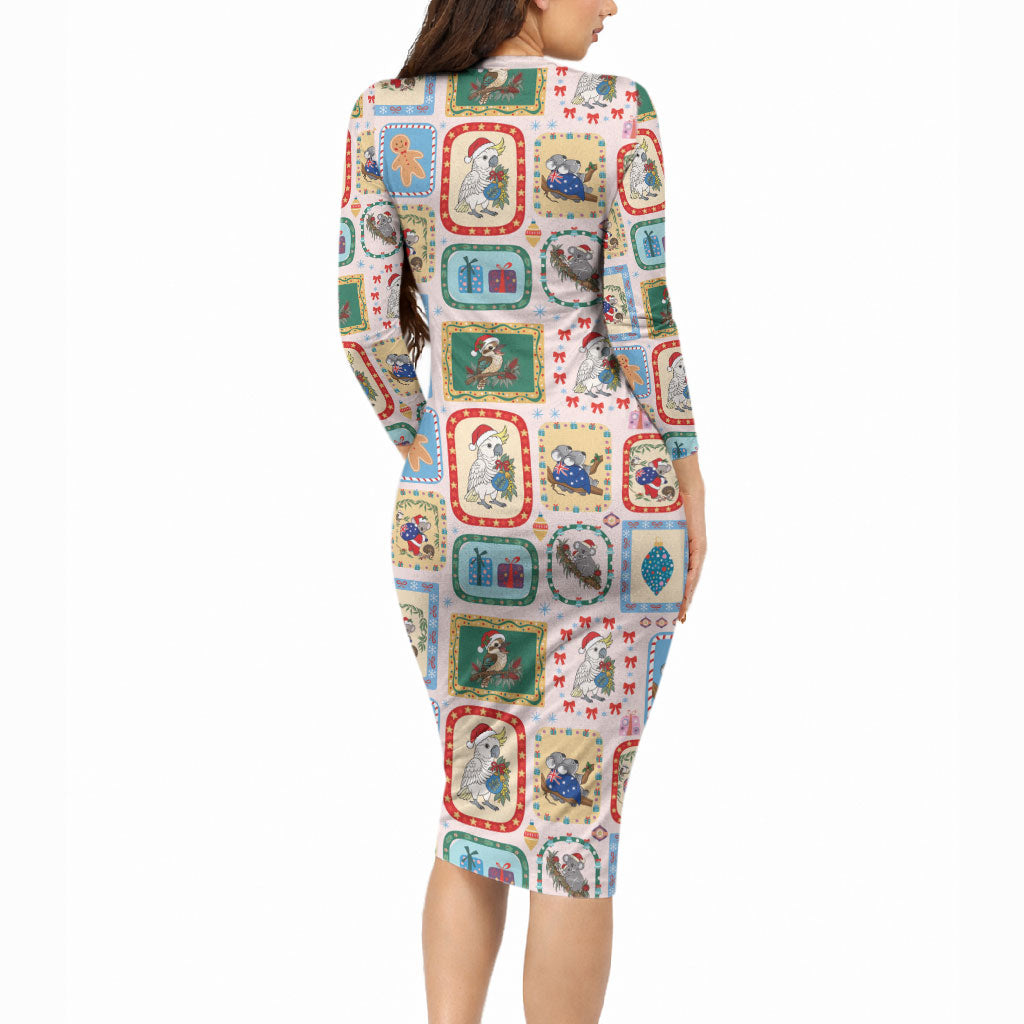 Australia Wildlife Christmas Stamp Long Sleeve Bodycon Dress Pink Aussie Native Animal Seamless Pattern