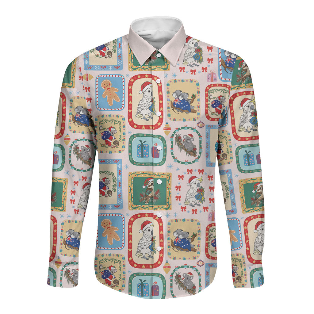 Australia Wildlife Christmas Stamp Long Sleeve Button Shirt Pink Aussie Native Animal Seamless Pattern