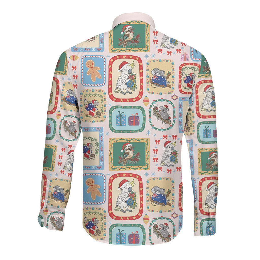 Australia Wildlife Christmas Stamp Long Sleeve Button Shirt Pink Aussie Native Animal Seamless Pattern