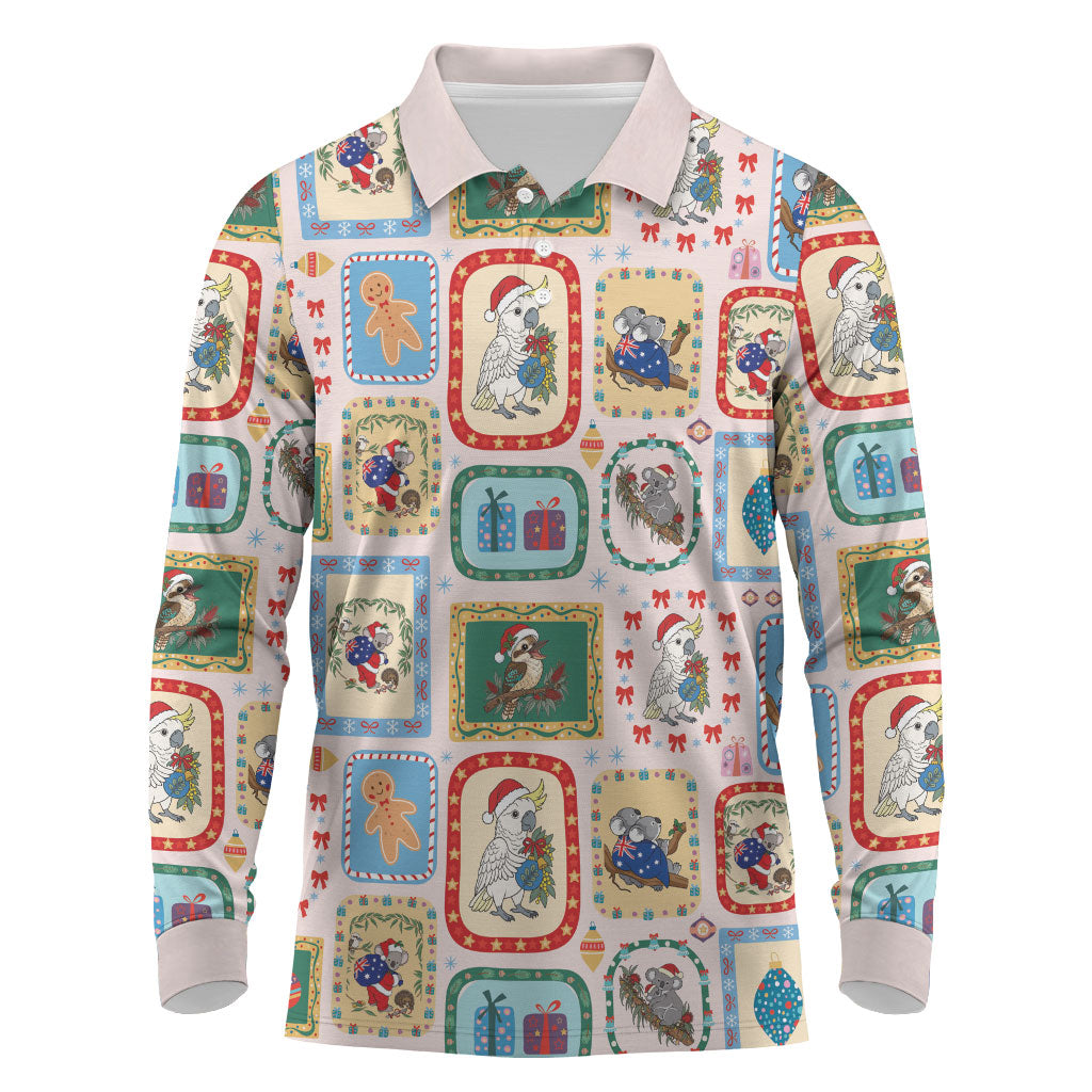 Australia Wildlife Christmas Stamp Long Sleeve Polo Shirt Pink Aussie Native Animal Seamless Pattern