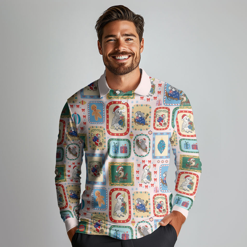 Australia Wildlife Christmas Stamp Long Sleeve Polo Shirt Pink Aussie Native Animal Seamless Pattern