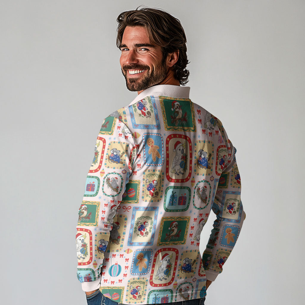 Australia Wildlife Christmas Stamp Long Sleeve Polo Shirt Pink Aussie Native Animal Seamless Pattern