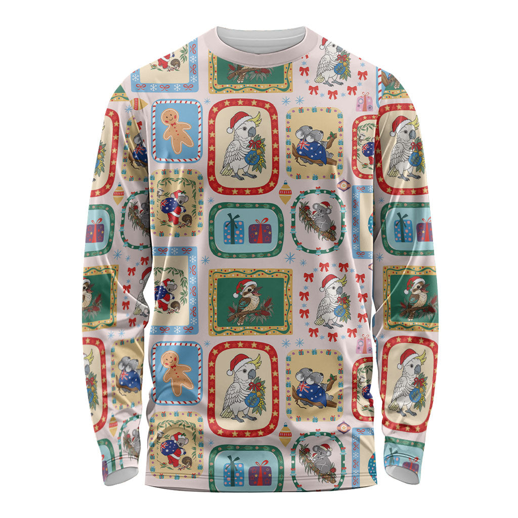 Australia Wildlife Christmas Stamp Long Sleeve Shirt Pink Aussie Native Animal Seamless Pattern
