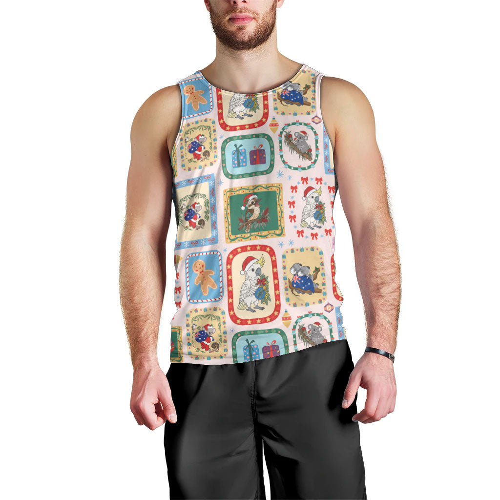Australia Wildlife Christmas Stamp Men Tank Top Pink Aussie Native Animal Seamless Pattern