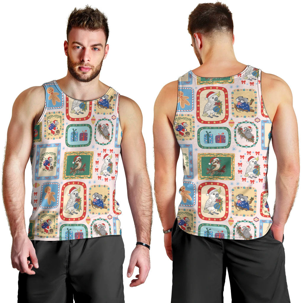 Australia Wildlife Christmas Stamp Men Tank Top Pink Aussie Native Animal Seamless Pattern