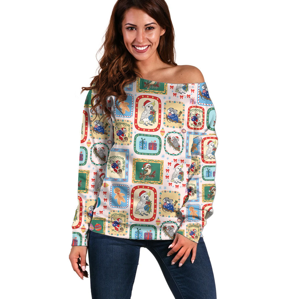 Australia Wildlife Christmas Stamp Off Shoulder Sweater Pink Aussie Native Animal Seamless Pattern
