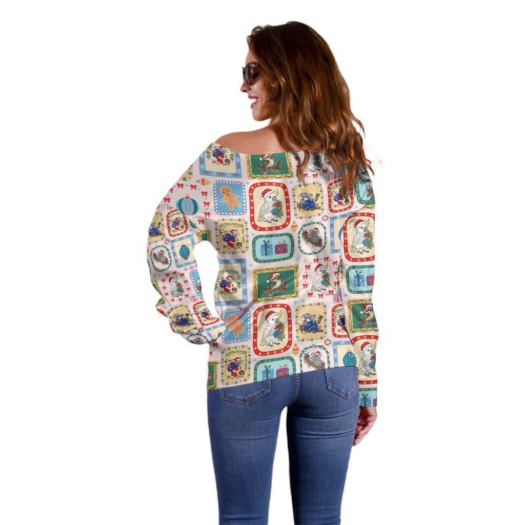 Australia Wildlife Christmas Stamp Off Shoulder Sweater Pink Aussie Native Animal Seamless Pattern
