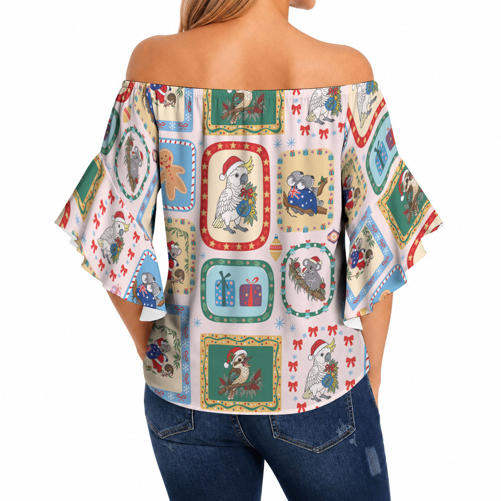 Australia Wildlife Christmas Stamp Off Shoulder Wrap Waist Top Pink Aussie Native Animal Seamless Pattern