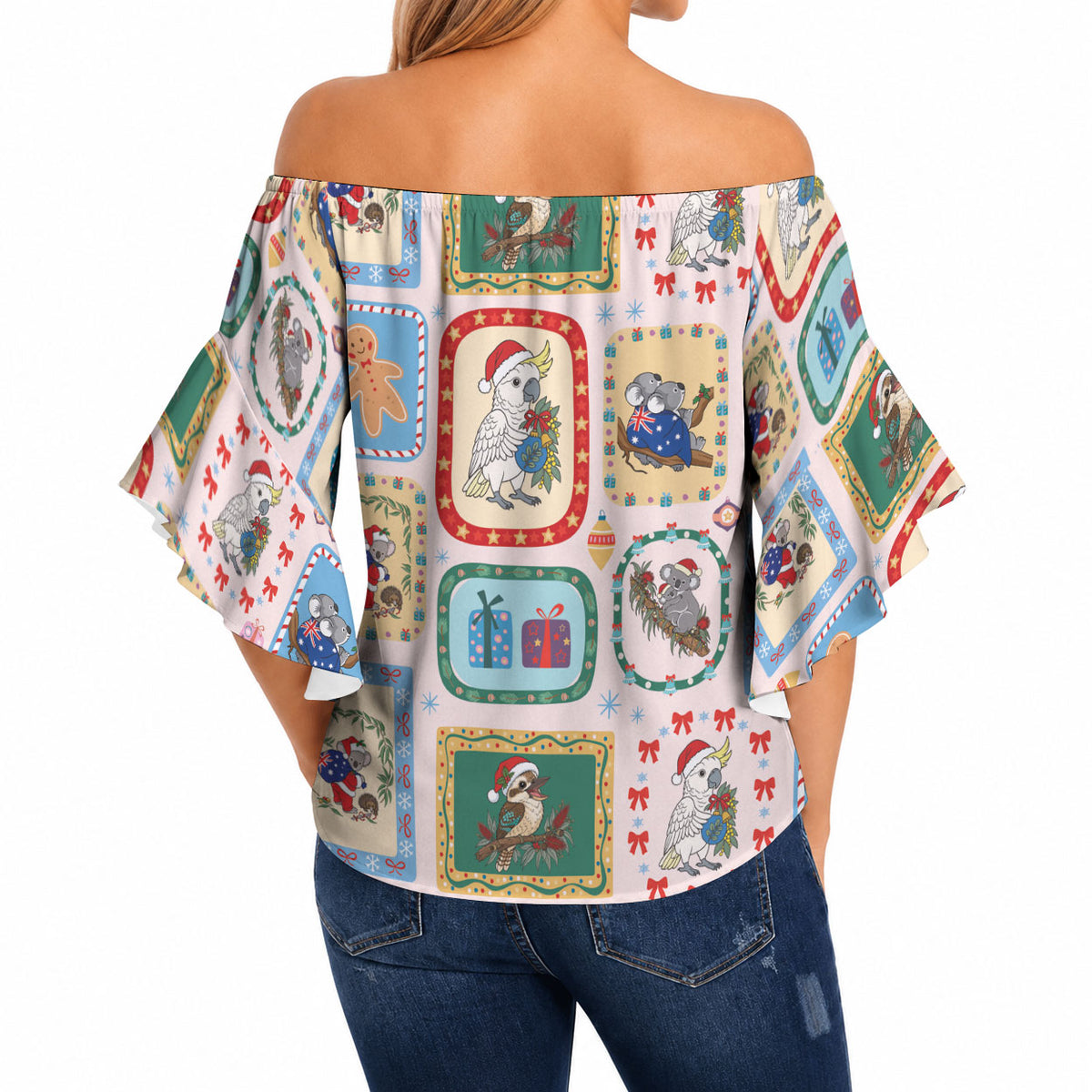 Australia Wildlife Christmas Stamp Off Shoulder Wrap Waist Top Pink Aussie Native Animal Seamless Pattern