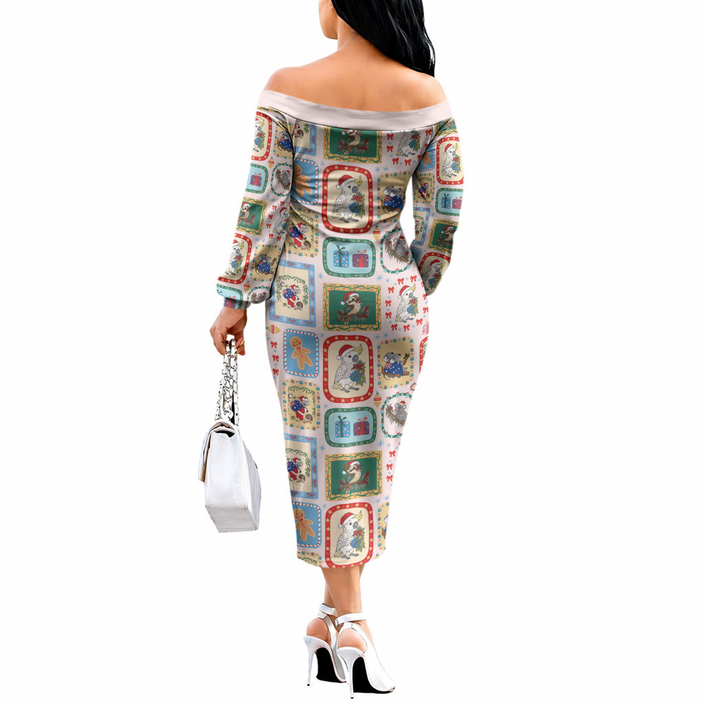 Australia Wildlife Christmas Stamp Off The Shoulder Long Sleeve Dress Pink Aussie Native Animal Seamless Pattern