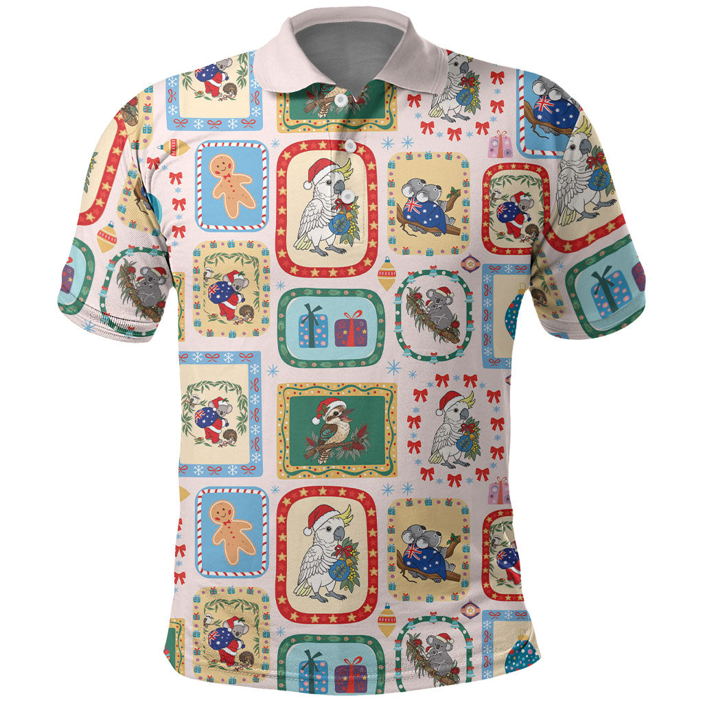 Australia Wildlife Christmas Stamp Polo Shirt Pink Aussie Native Animal Seamless Pattern